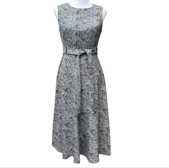 Calvin Klein Knit A-Line Dress Tweed Look Black White Sleeveless Tie Waist - Picture 1 of 16